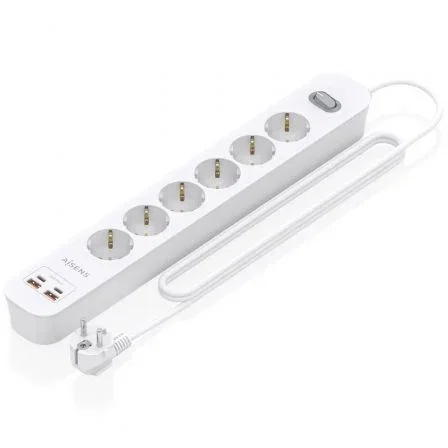 Aisens Regleta de 6 Tomas Schuko con 2 USB-C y 2 USB-A, Blanco